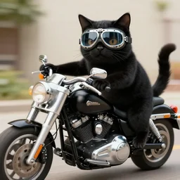 a black cat with aviator goggles riding a Harley Davidson