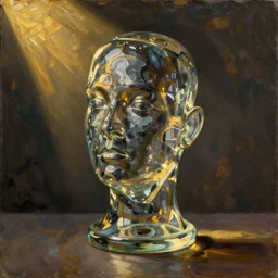 still life painting of a melting glass mannequin head by pieter claesz, oil on canvas, strong lighting, highly detailed, hyper realism, golden hour, god rays, hd, 4 k