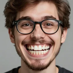 a photo of a guy with evil grin giant! theeth! sharp! and very long brownish! hair!, with nerdy! glasses! and goatee,