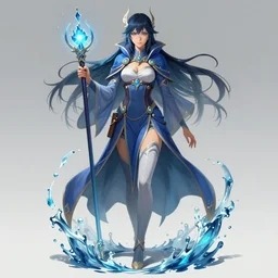 water-elemental female wizard in the style of Greg Rutkowski and Ayami Kojima, accurate body features, full body shoot, realistic face, trending on artstation, artstationHD, artstationHQ, 4k, 8k