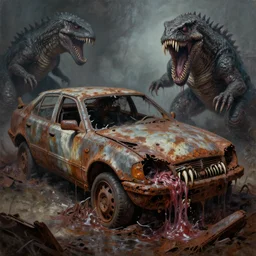 oil painting of macerated fanged vehicle destroyed and rusted, digested by dead kaiju claustrophobic, hyper detailed, terrifying horror book jacket illustration baked 6 0 0 f by wayne d barlowe, geof darrow