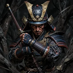 brutal and tedious japan medieval samurai man, hidding in the dark, D&D, fantasy, intricate, highly detailed, digital painting, artstation, concept art, matte, sharp focus, illustration, art by Artgerm and Greg Rutkowski and Alphonse Mucha