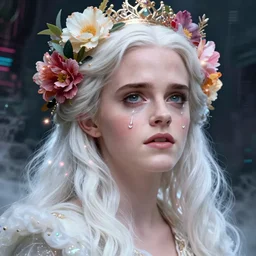 emma watson, portrait, a colorful and vibrant majestic white queen open wide eyes drops tear with flowers on her hair, glowing light orbs, intricate concept art, elegant, digital painting, smooth, sharp focus, ethereal opalescent mist, outrun, vaporware, cyberpunk darksynth, ethereal, ominous, misty, 8 k, by ruan jia and miho hirano, rendered in octane