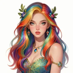 the portrait of the chaotic good female rainbow colorful druid botanist as absurdly beautiful, gorgeous, elegant, young gravure idol, an ultrafine hyperdetailed illustration by irakli nadar, james jean, intricate linework, super sharp focus, bright colors, octopath traveler, final fantasy, unreal engine 5 highly rendered, global illumination, radiant light, detailed and intricate environment
