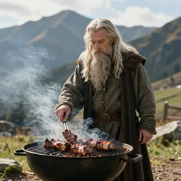 gandalf from lord of rings grilling meat in a barbecue outside, sunlight, natural lighting, nature, mountain, barbecue, professional photography, 5 0 mm