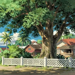 a tropical seaside town with large trees and white lattice fences, by Studio Ghibli