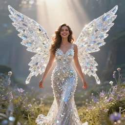 portrait of an attractive woman, wearing a long dress, with big wings made out of crystals, in a magical field | crepuscular rays, happy vibes, volumetric lights, raytracing | fantasy, character, realism, intricate details | exif, very detailed, intricate details, hyperrealism | cgsociety, trending on artstation | by bastien lecouffe - deharme