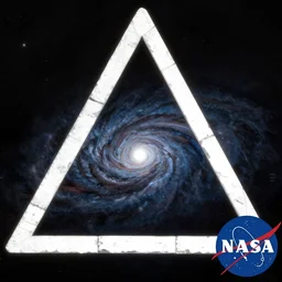 a giant white stone triangle outline in space, a different universe can be seen inside the triangle, NASA official image