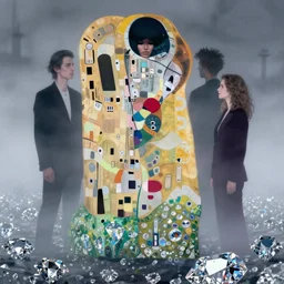 a group of people intertwined inside a fog, landscape of diamonds, in the style of nick cave, klimt, rothko