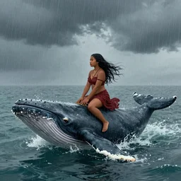 maori girl riding a whale in ocean ,in the rain, style of Hiroshi Sugimoto ,atmospheric illustration,