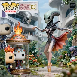 cinestill 5 0 d, 8 k, j. j abrams flare ; esoteric ultra realistic funko pop cthulhu in kagemusha ( 1 9 9 0 ) film still garden dance scene in frontiers in porcelain photography fashion magazine june seinen manga portrait edition, hyperrealistic real - life xenomorph holly herndon porcelain occult figurine in victorian glass jar, pointe pose, eye contact, tilt shift wide shot zaha hadid background