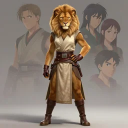 beautiful portrait of a strong female anthropomorphic lioness fursona wearing a sleeveless jedi robe. hand on hip. leather gloves. leather boots. leather belt. character design by charlie bowater, ross tran, artgerm, and makoto shinkai, detailed, soft lighting, rendered in octane