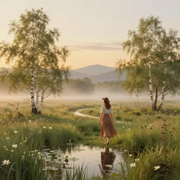 highlands curvy horizon birches grassy foggy flooded swamp woman walking, spring cheerfull ambient vibe preraphaelite water lillies golden hour intricate, elegant, sunlit, paint texture highly detailed artstation sharp focus illustration concept art ruan jia charlie bowater tom bagshaw norman rockwell, rembrandt