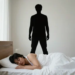 a tall black silhouette of a person menacingly standing in front of a person sleeping in bed at a person sleeping in bed
