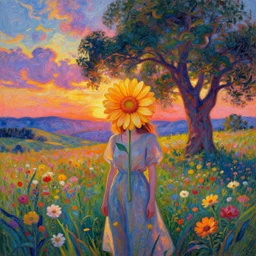 girl with a large flower instead of face, surreal photography, dream, standing in flower field, hills, big trees, sunrise dramatic light, impressionist painting, colorful clouds, digital painting, pointillism, artstation, simon stalenhag, flower face