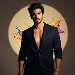 Toni mahfud with a sensual facial expression in the year 2022, professional photography, rim light, full frame, cinematic lighting, photo-realistic, men's fashion of year photography, colour splash, studio lighting