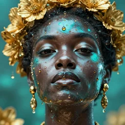 hyper realistic precisionist cinematic very expressive! oshun goddess, in water! john everett millais, mirror dripping droplet!, gold flowers, highly detailed face, digital art masterpiece, smooth eric zener cam de leon, dramatic pearlescent turquoise light on one side, low angle uhd 8 k, shallow depth of field