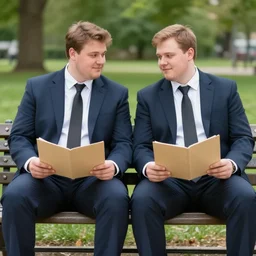 two clean - shaven chubby white men in suits and neckties sitting on a park bench. each men are holding manila folders in their hands.