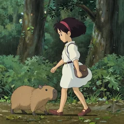 a young girl with her pet capybara walking through the forest, raining, side view, art by hayao miyazaki, studio ghibli film, 4k, hi res, high detail