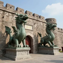 two dragon statues in front of a fortress, digital art, wide angle shot