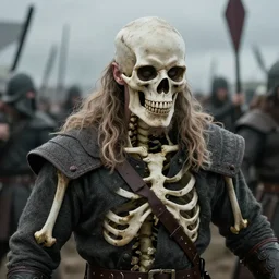 realistic photograph of a skeleton viking man in the middle of battle, highly detailed, cinematic, portrait, close - up,