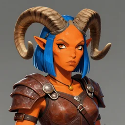 illustrated portrait of ugly ram-horned woman with orange skin and a blue hair bob wearing leather armor