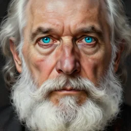 Old man, vivid cyan eyes, bushy white beard, digital painting, lots of details, extremely detailed, 4k, intricate, brush strokes, Mark Arian, Artgerm, Bastien Lecouffe-Deharme