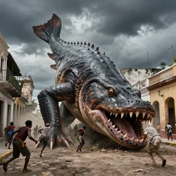 on the street of Jamestown in Santa Elena in 1815  a gigantic monster that looks like a mixture of monk-fish with crocodile limbs, wet and slimy, with a very large mouth, dragging its enormous weight with effort on the street, there are some people fleeing in terror, photo-realistic, stormy sky, photo by national geographical