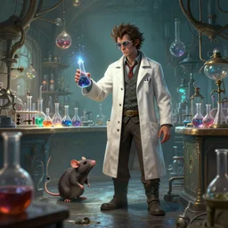 a plague doctor and a humanoid rat in a laboratory with lots of flasks filled with magic liquids, stephen bliss, unreal engine, fantasy art by greg rutkowski, loish, rhads, ferdinand knab, ilya kuvshinov, rossdraws, tom bagshaw, global illumination, radiant soft light, detailed and intricate environment