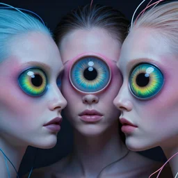 beauty, three eyed humanoids, close ups, vivid colors, thin wires, beautiful lighting