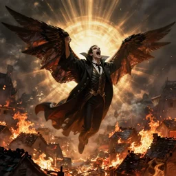 Vampire shouting to the sky with his wings spread in the middle of a burning village , hyperdetailed, artstation, cgsociety, by greg rutkowski, by Gustave Dore