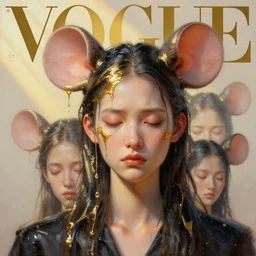 3 d, close - up, frown fashion model girl, rat ears, liquid gold and black water, sleepy fashion model, morning, sun rays, vogue cover style, poster art, hyper detail, intricate oil painting, multiple exposure, morning mood, 3 d, by tooth wu and wlop and beeple and greg rutkowski