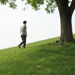 a bean a walking up a hill sitting next to a tree, realistic,