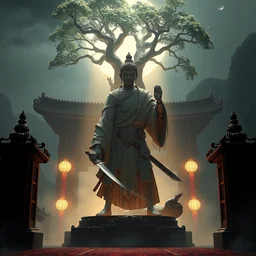 a warrior cut off finger with knife, dj booth with a bodhi tree : 6 character design : 2 midnight, illusion, stunning, breathtaking, majestic, asian fantasy, digital render, line art, unreal engine, de - noise, 8 k, volumetric lighting, symmetrical, pronounced features, detailed contrast, scattered mist, glow 3 d alejandro alvarez alena aenami