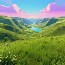 low poly, surrealist lights, psychedelic sound, grassy hills background, valley with a lake