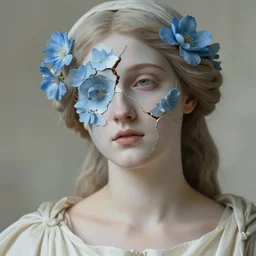 hyperrealism close - up mythological portrait of a beautiful medieval woman's shattered face partially made of light - blue flowers in style of classicism using the fibonacci golden ratio, pale skin, wearing ivory colour dress, light and dull palette