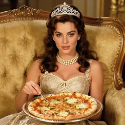 young sophia loren having pizza served on a silver platter, relaxed pose on antique luxury sofa, intricate ornamented tiara, opulent pearl necklace, laced dress, golden lighting, perfectly lit face, symmetrical details, burlesque photo