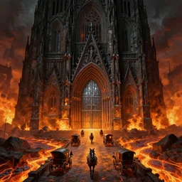 an obsidian gothic cathedral with an extremely giant steel door and a path leading to it with several horse-drawn carriages on it, in the elemental plane of fire, with rivers of lava surrounding it, Dungeon and Dragon illustration, painted by Greg Rutkowski, 4k, trending on ArtStation