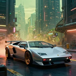 cyberpunk car lamborgini counatch, in cyberpunk city, by blade runner, visual by operator roger deakins, by neill blomkamp, elysium, eztreamly detailed