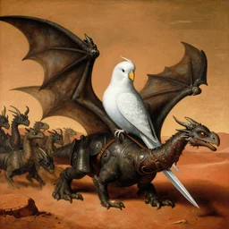 a white budgie dressed as a medieval knight leading an army of dragons on the surface of Mars, renaissance painting by Michelangelo