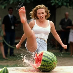 scarlett johansson kicking and smashing a watermelon, film still, highly detailed, film grain, behind the scenes, photorealism
