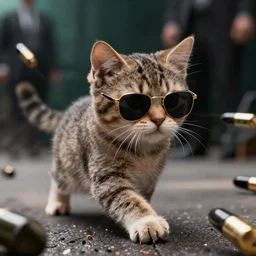 A kitten wearing sunglasses dodging bullets, cinematic, still from the Matrix