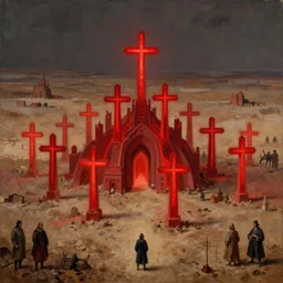 hyperdetailed painting of architexture made of glowing red crosses, sprawling across majestic parched plains, by francisco goya and rembrandt, unsettling, mysterious, by stephan martiniere and alexander fedosav, hyperrealism, 8 k resolution, behance hd, artstation, nightcafe