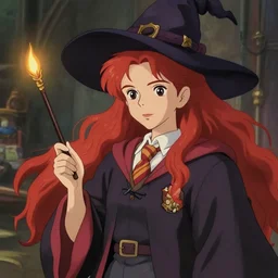 redhead holding witch wand, advertising photoshoot, magic school academia, by studio ghibli, elegant, beautiful, digital art, trending on artstation, highly detailed, illustration, concept art, masterpiece
