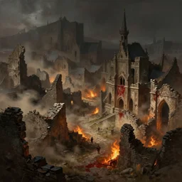 concept art of the ruins of a medieval village, medieval, dark concept art, blood, dust, fire, painting by wlop, nixeu and greg rutkowski, beautiful, semirealism, artstation, octane render, sharpness, 8 k, golden ratio
