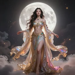 a beautiful female goddess of the bloodmoon character, character is in all its glory, character is in her natural relaxed pose, full body shot, rim lights, particles and dust in the air, fancy clouds, highly detailed professional photo, dynamic lights, particles are flying, depth of field, trending on artstation, professional illustration, hyper realistic, vray caustics, super detailed, colorful accents, cinematic shot