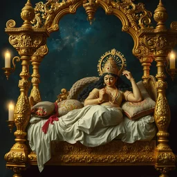 hindu goddes is sleeping on gold tresure in baroque style, painting by james jean, craig mullins, j. c. leyendecker, lights, art by ernst haeckel, john william godward, hammershøi