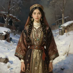 portrait of russian iranian asian model girl jodhpurs winter traveler greg manchess painting by sargent and leyendecker, studio ghibli, fantasy, medium shot, asymmetrical, intricate, elegant, matte painting, illustration, hearthstone, by greg rutkowski, by greg tocchini, by james gilleard, by joe fenton