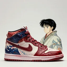 nike high top sneakers concept shot, constructed from blood sweat and tears, style of hokusai and akira toriyama