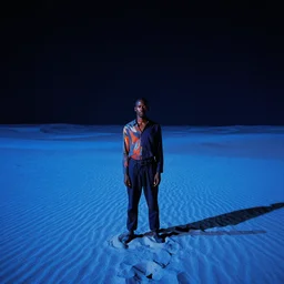 a black man standing in the middle of a desert, blue sand, dark night, dramatic lighting, album cover abstract art, vibrant colors, expressive composition